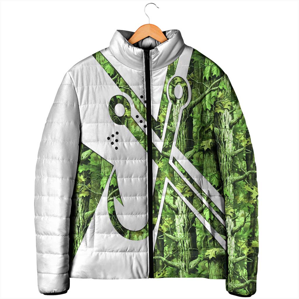 Custom Fishing Hook Padded Jacket with Green Jungle Leaf Pattern and White Split Design - Wonder Print Shop