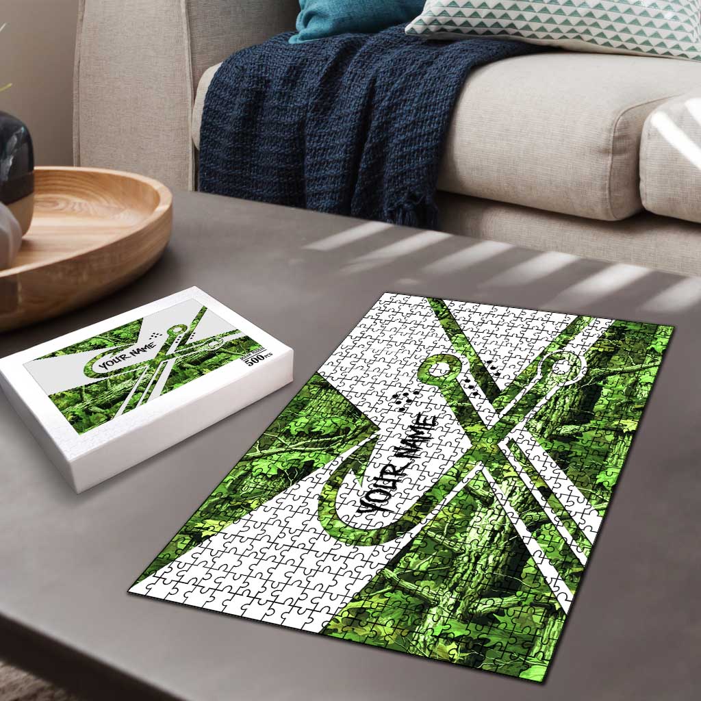 Custom Fishing Hook Puzzle with Green Jungle Leaf Pattern and White Split Design - Wonder Print Shop