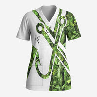 Custom Fishing Hook Scrub Top with Green Jungle Leaf Pattern and White Split Design - Wonder Print Shop