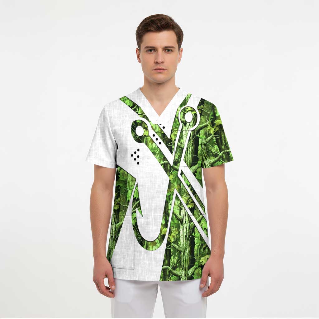 Custom Fishing Hook Scrub Top with Green Jungle Leaf Pattern and White Split Design - Wonder Print Shop