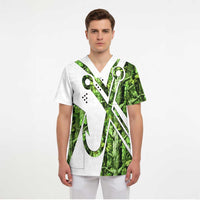 Custom Fishing Hook Scrub Top with Green Jungle Leaf Pattern and White Split Design - Wonder Print Shop