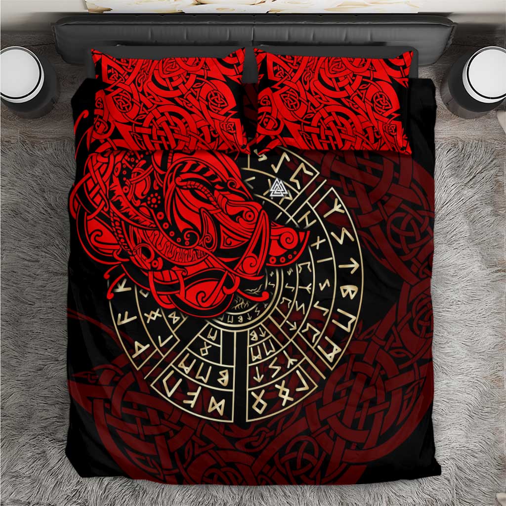 Yggdrasil Bedding Set with Red Norse Dragon and Runes Viking Heritage Tribute - Wonder Print Shop