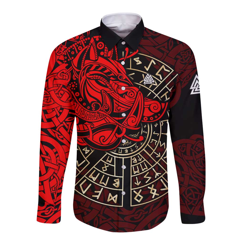 Yggdrasil Long Sleeve Button Shirt with Red Norse Dragon and Runes Viking Heritage Tribute - Wonder Print Shop