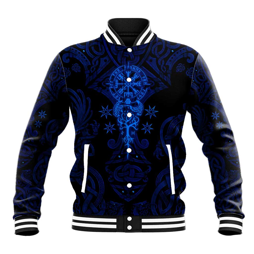 Vikings Skull Baseball Jacket with Horned Helmet, Blue Axes and Runes Norse Warrior Tribute - Wonder Print Shop