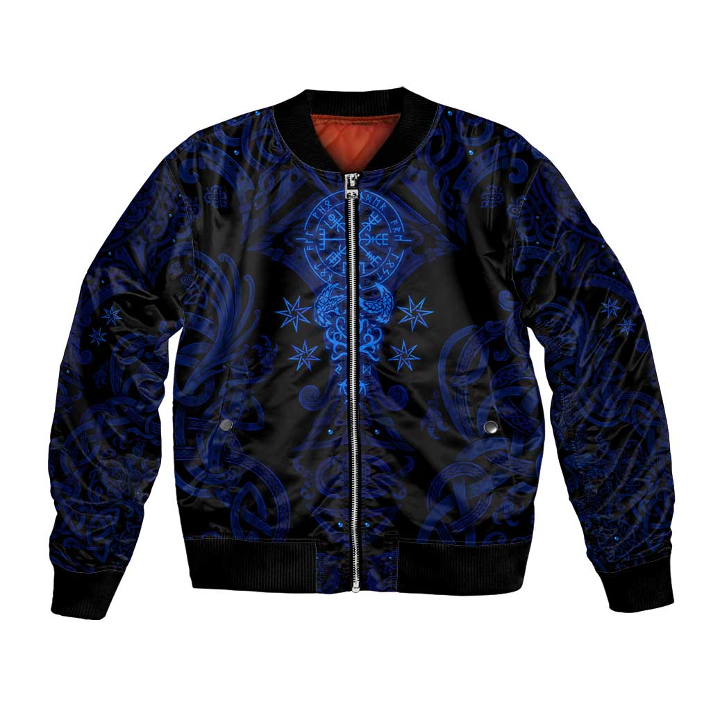 Vikings Skull Bomber Jacket with Horned Helmet, Blue Axes and Runes Norse Warrior Tribute - Wonder Print Shop