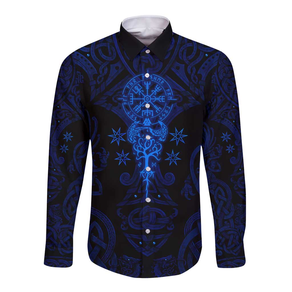 Vikings Skull Long Sleeve Button Shirt with Horned Helmet, Blue Axes and Runes Norse Warrior Tribute - Wonder Print Shop