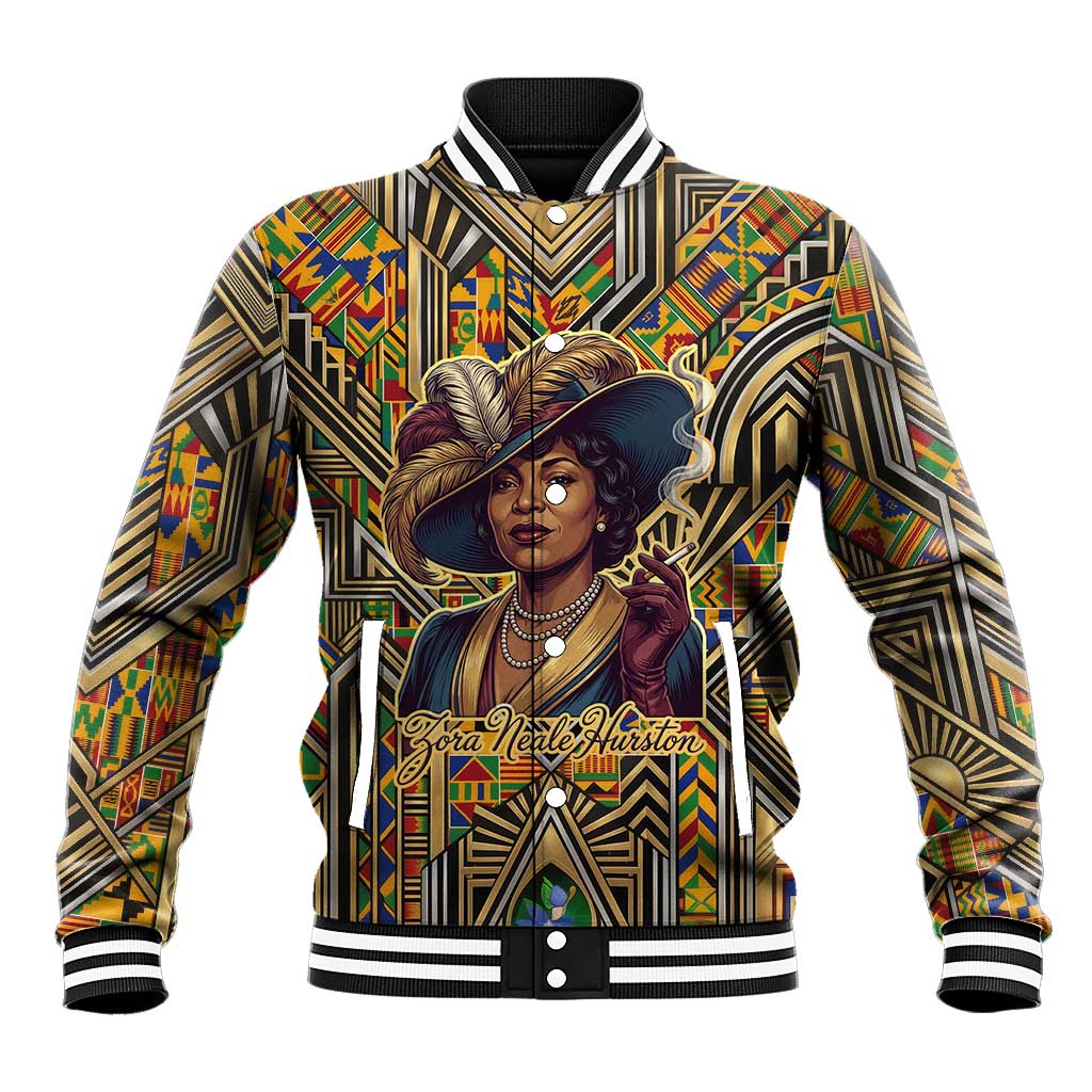 Zora Neale Hurston Baseball Jacket Bold Kente and Art Deco Pattern - I Am Not Tragically Colored - Wonder Print Shop
