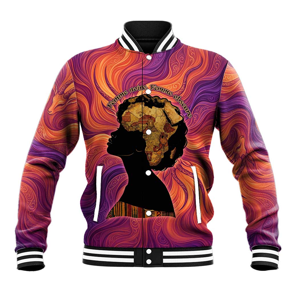 Léopold Sédar Senghor Baseball Jacket Femme Noire Silhouette with Africa Map Pattern Vibrant Swirl Background - Wonder Print Shop