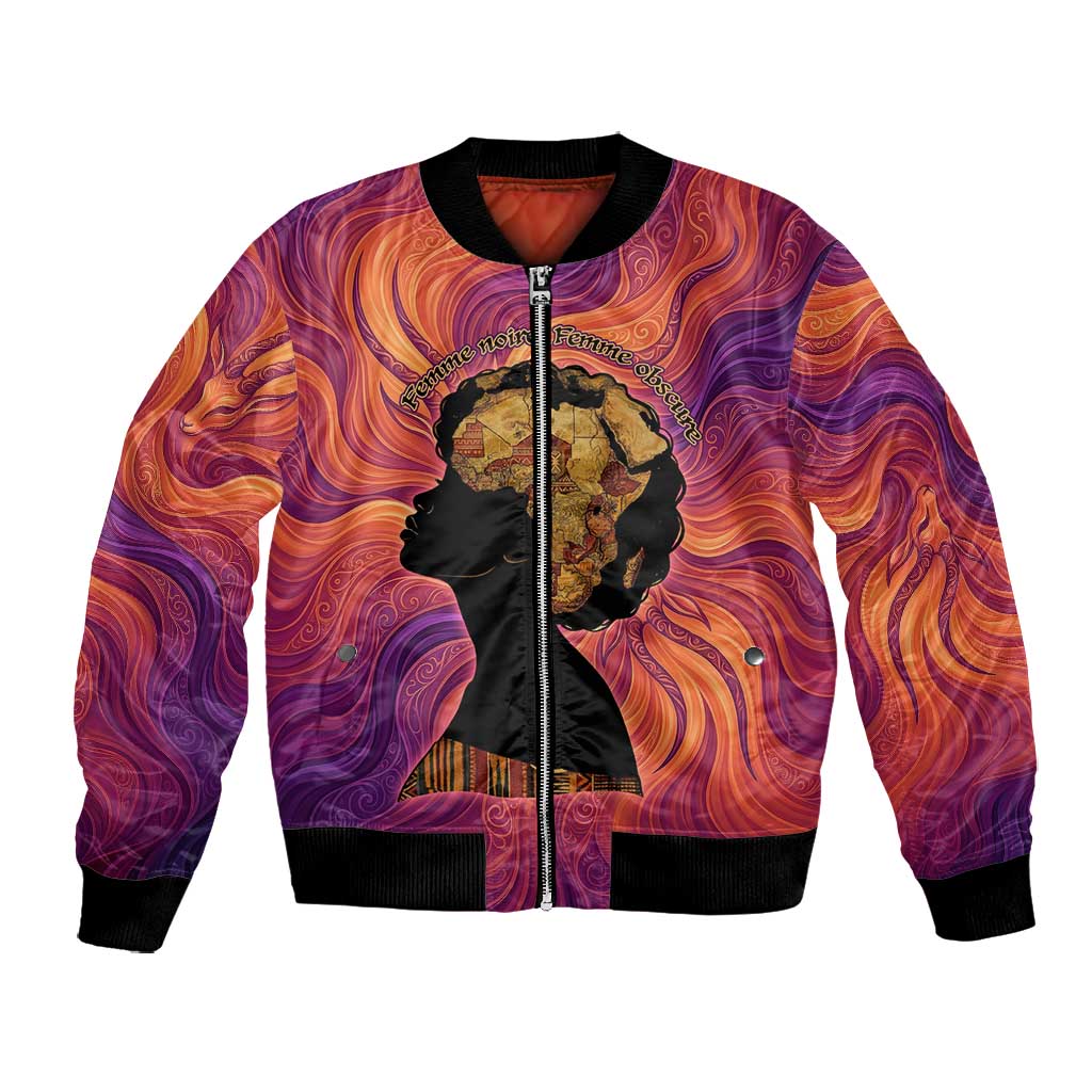 Léopold Sédar Senghor Bomber Jacket Femme Noire Silhouette with Africa Map Pattern Vibrant Swirl Background - Wonder Print Shop