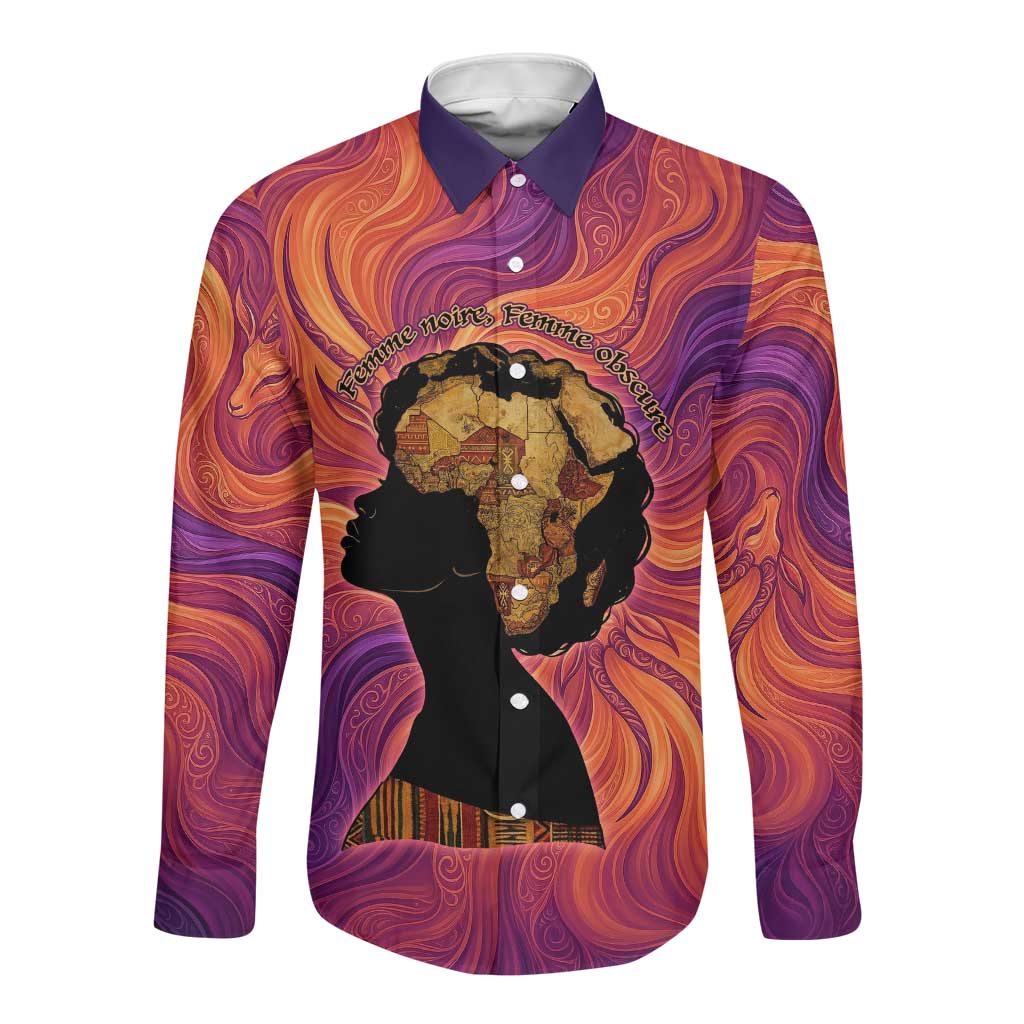 Léopold Sédar Senghor Long Sleeve Button Shirt Femme Noire Silhouette with Africa Map Pattern Vibrant Swirl Background - Wonder Print Shop