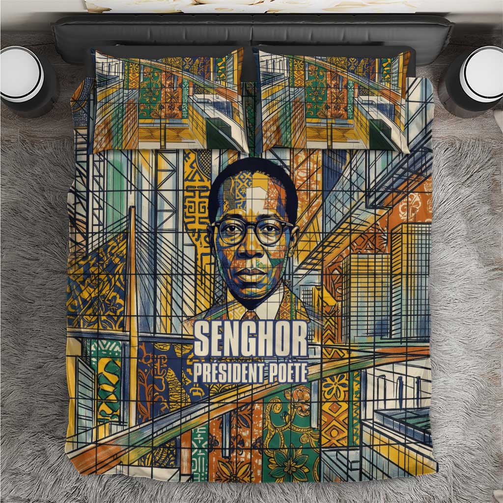 Léopold Sédar Senghor Bedding Set President Poete Portrait Futuristic African Robotic Handshake Earth and Flowers Unity - Wonder Print Shop