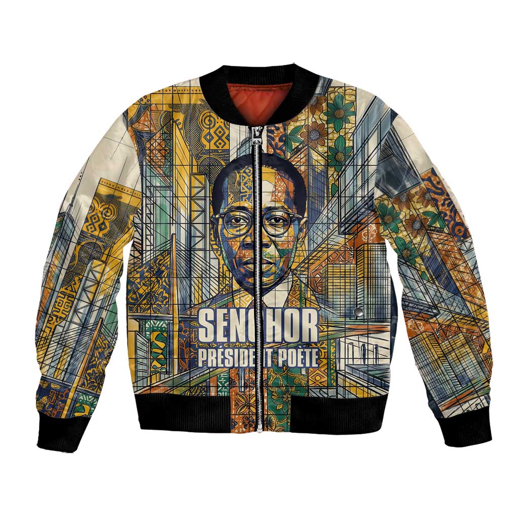 Léopold Sédar Senghor Bomber Jacket President Poete Portrait Futuristic African Robotic Handshake Earth and Flowers Unity - Wonder Print Shop