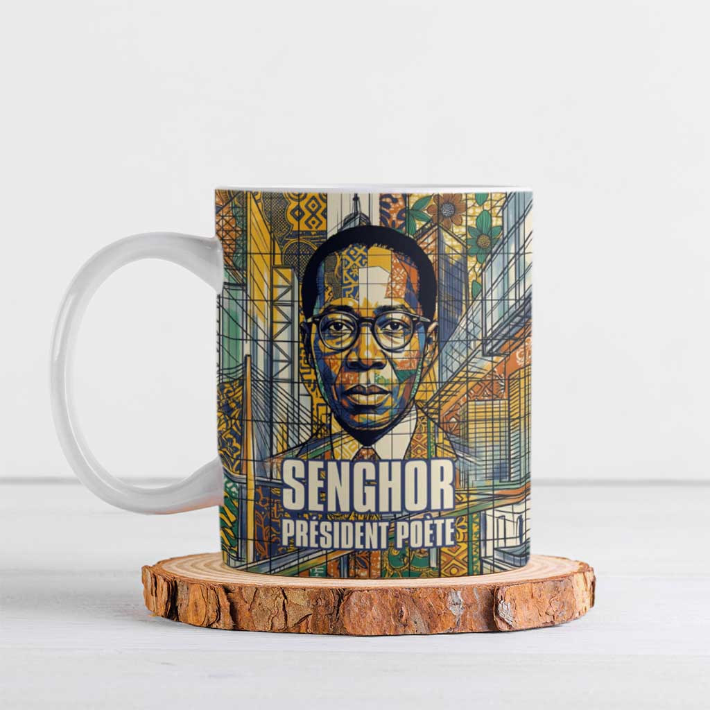Léopold Sédar Senghor Ceramic Mug President Poete Portrait Futuristic African Robotic Handshake Earth and Flowers Unity - Wonder Print Shop