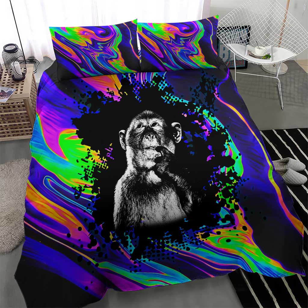 Funny Psychedelic Monkey Thinker Bedding Set Trippy Curiosity Vibes