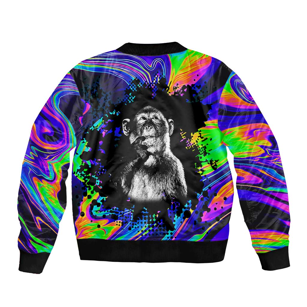 Funny Psychedelic Monkey Thinker Bomber Jacket Trippy Curiosity Vibes