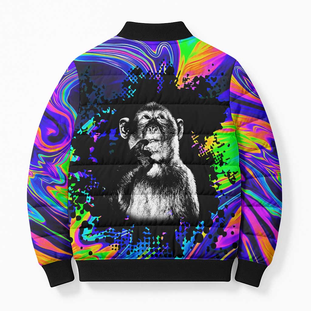 Funny Psychedelic Monkey Thinker Bomber Puffer Jacket Trippy Curiosity Vibes