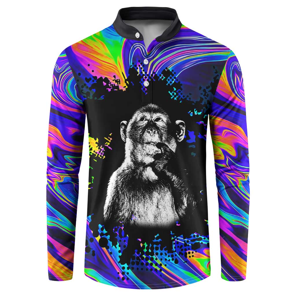 Funny Psychedelic Monkey Thinker Button Sweatshirt Trippy Curiosity Vibes