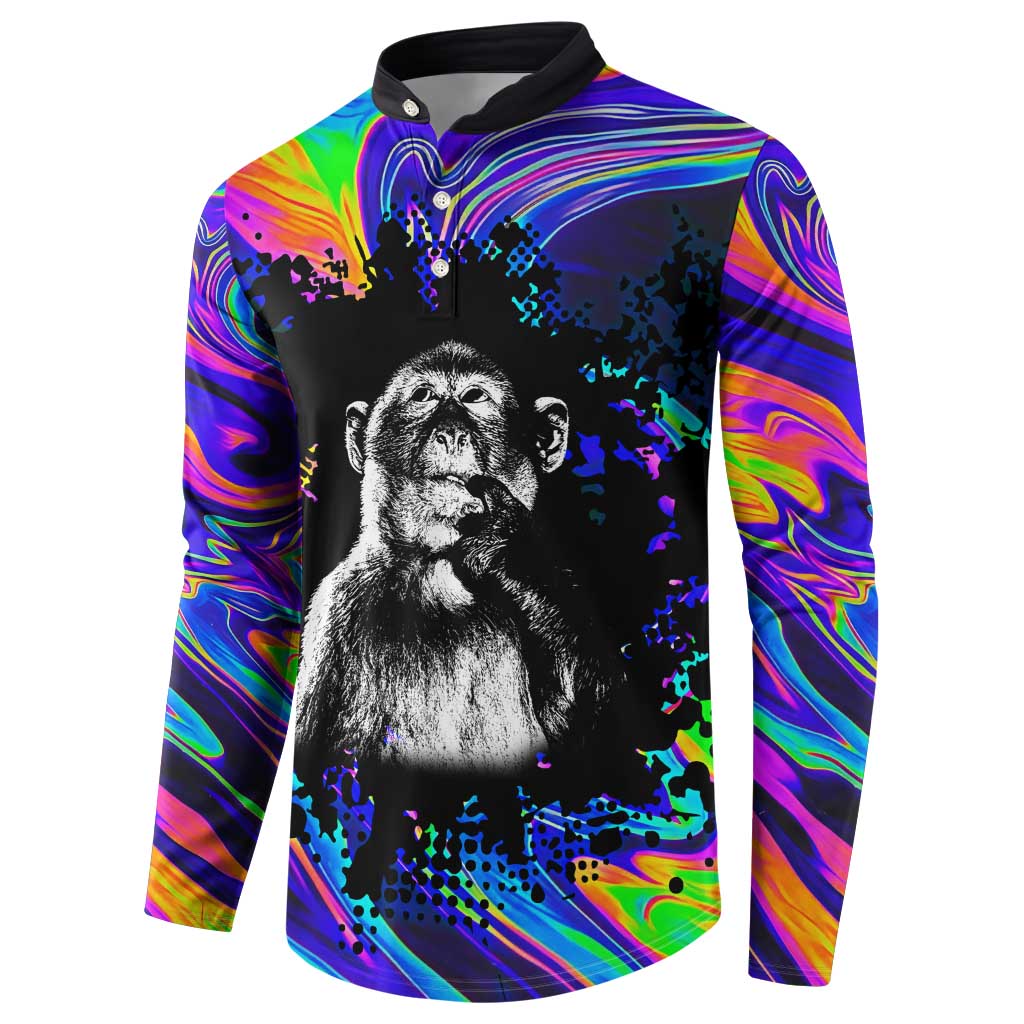 Funny Psychedelic Monkey Thinker Button Sweatshirt Trippy Curiosity Vibes
