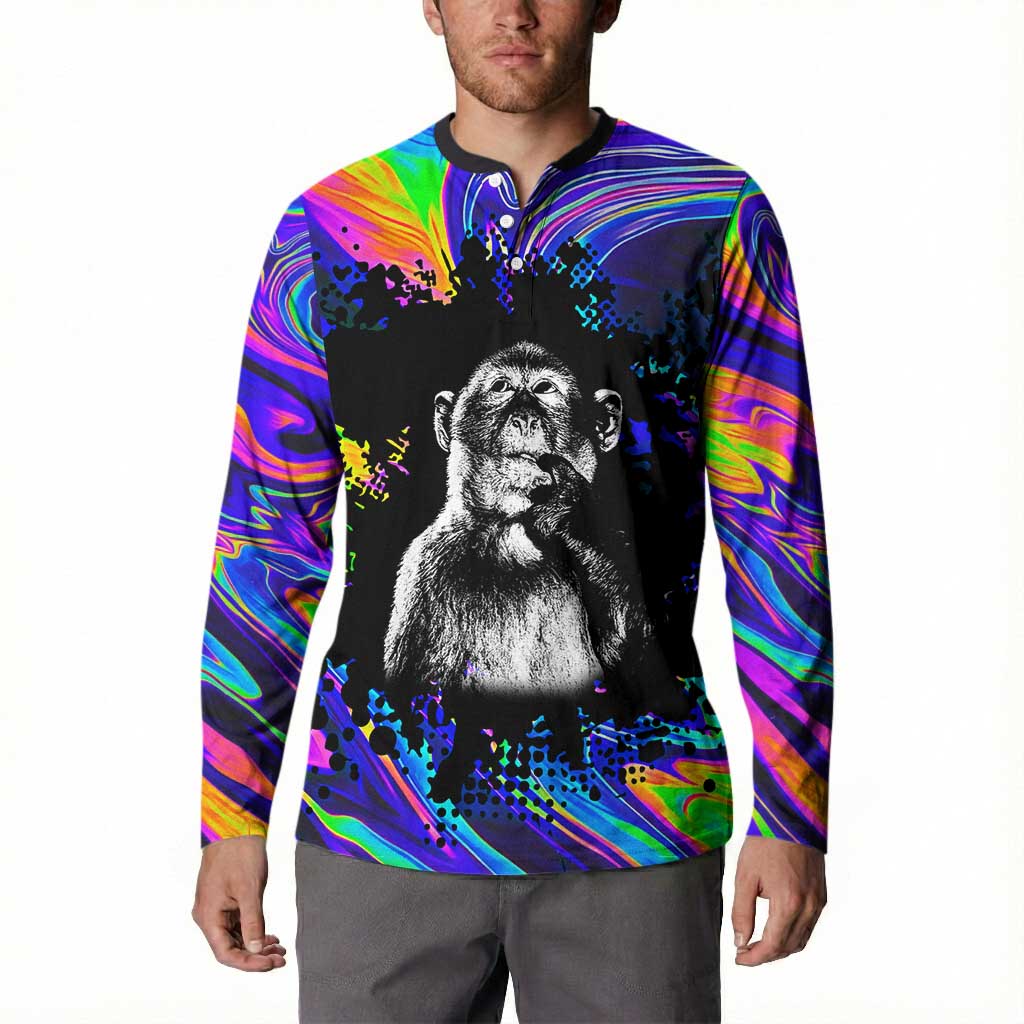 Funny Psychedelic Monkey Thinker Button Sweatshirt Trippy Curiosity Vibes