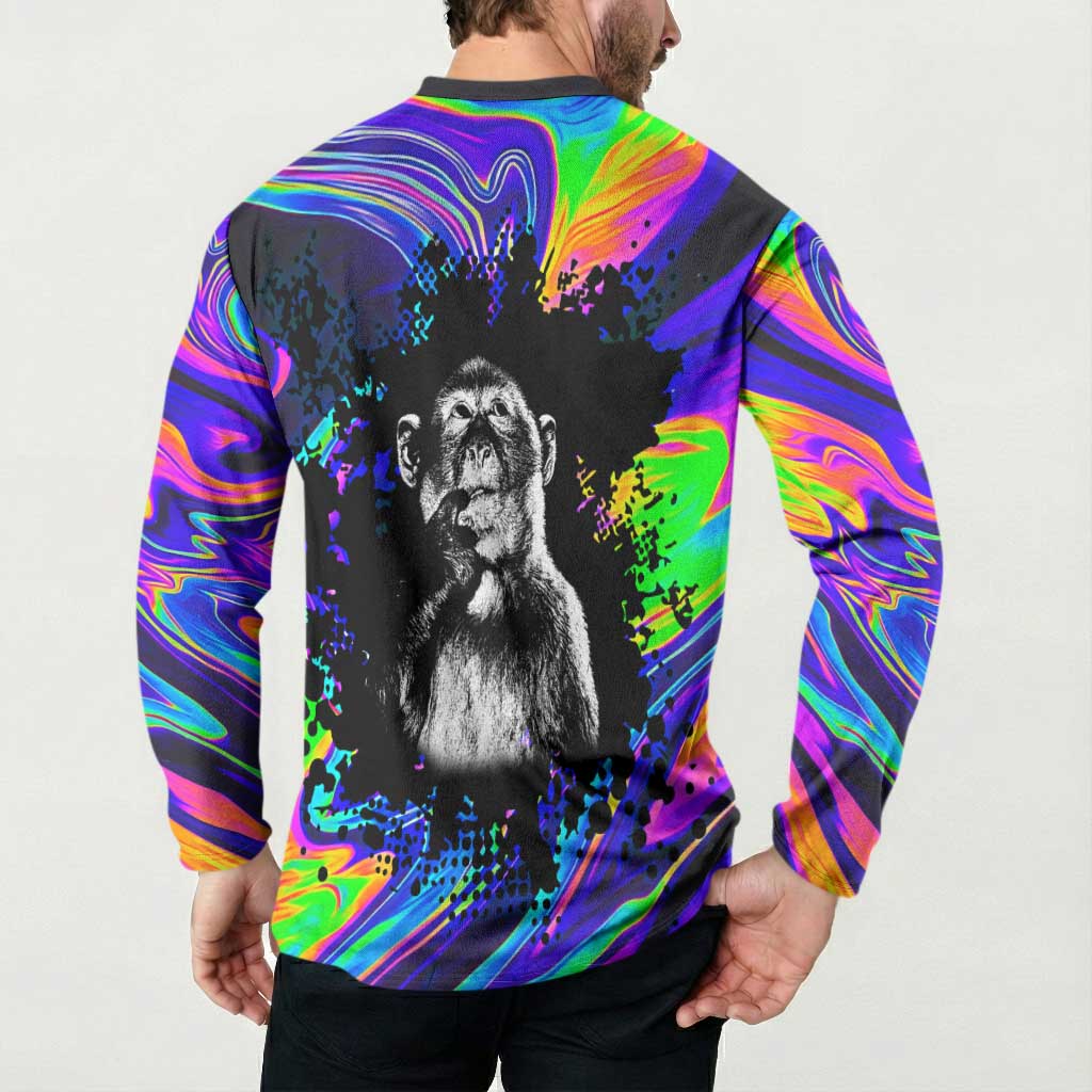 Funny Psychedelic Monkey Thinker Button Sweatshirt Trippy Curiosity Vibes