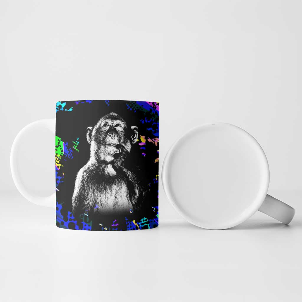 Funny Psychedelic Monkey Thinker Ceramic Mug Trippy Curiosity Vibes