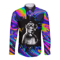 Funny Psychedelic Monkey Thinker Long Sleeve Button Shirt Trippy Curiosity Vibes