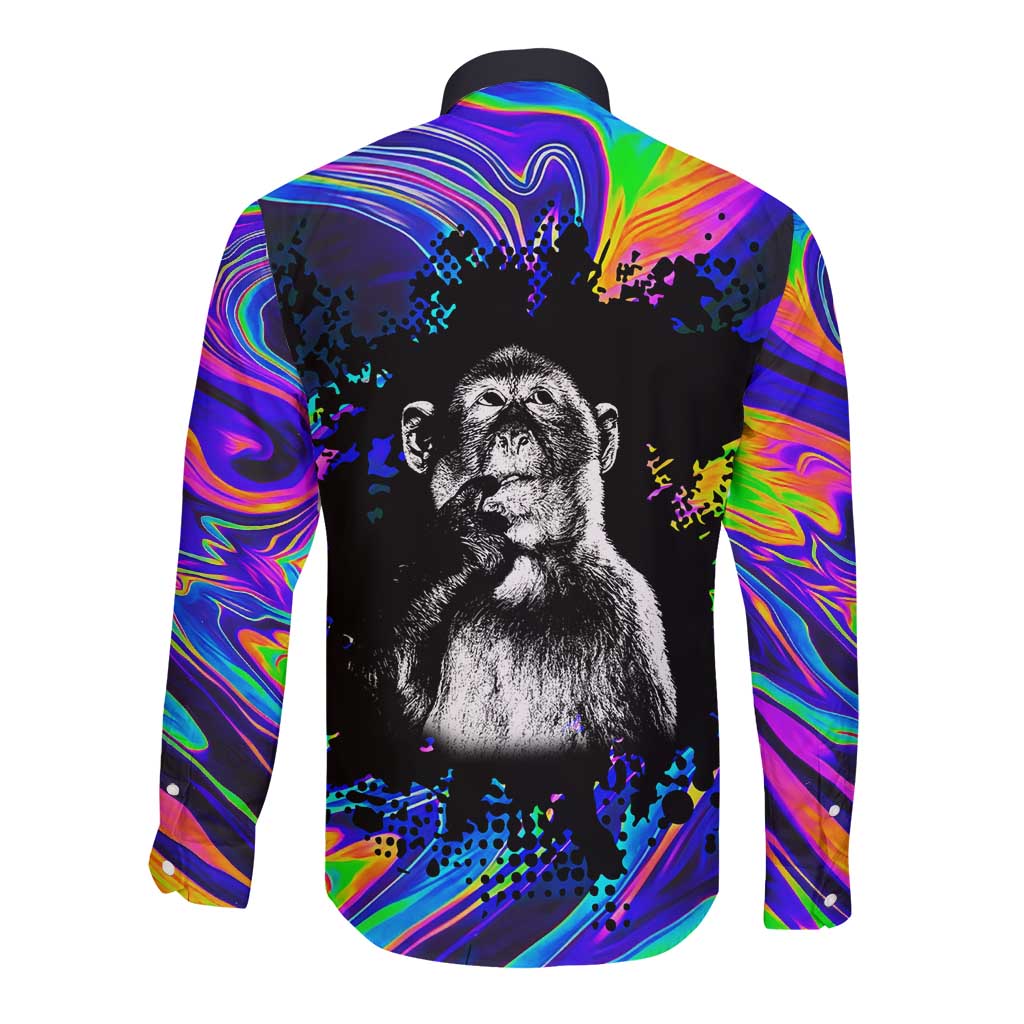 Funny Psychedelic Monkey Thinker Long Sleeve Button Shirt Trippy Curiosity Vibes
