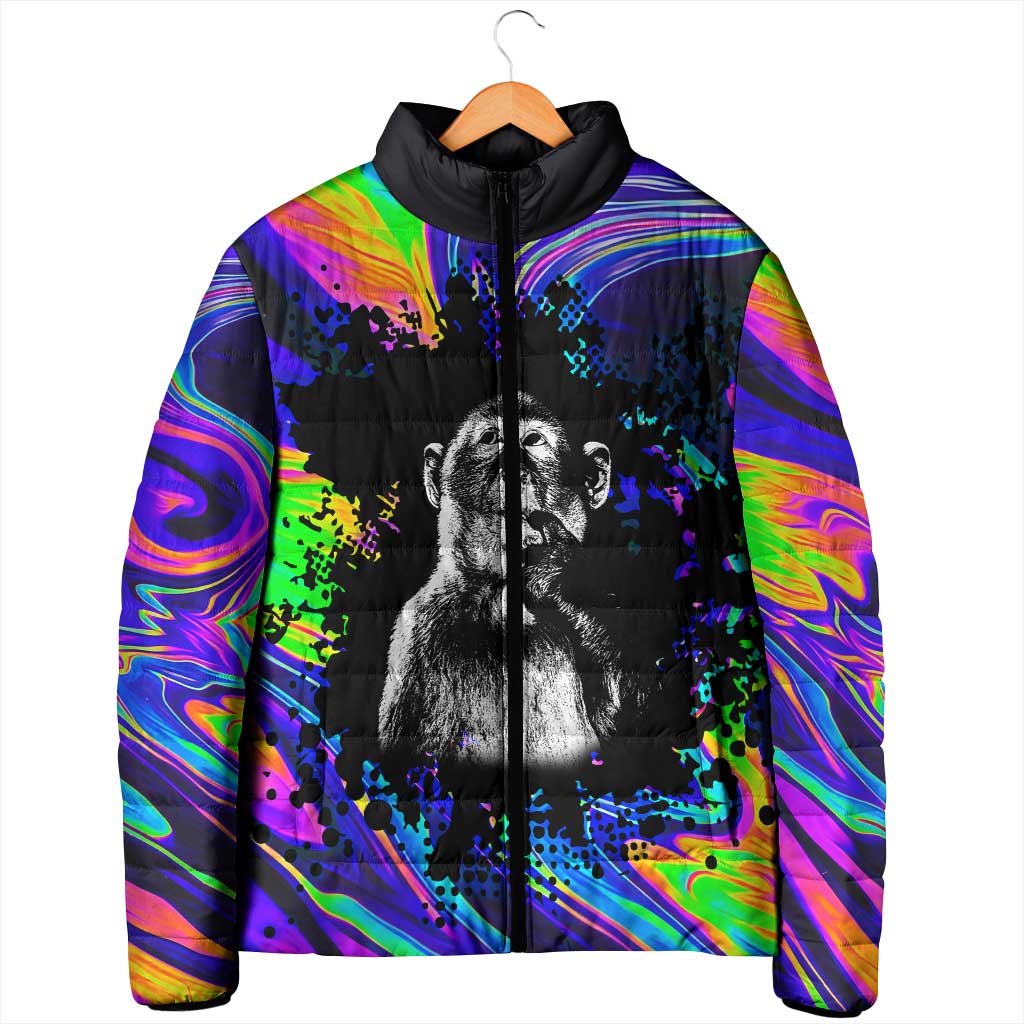 Funny Psychedelic Monkey Thinker Padded Jacket Trippy Curiosity Vibes