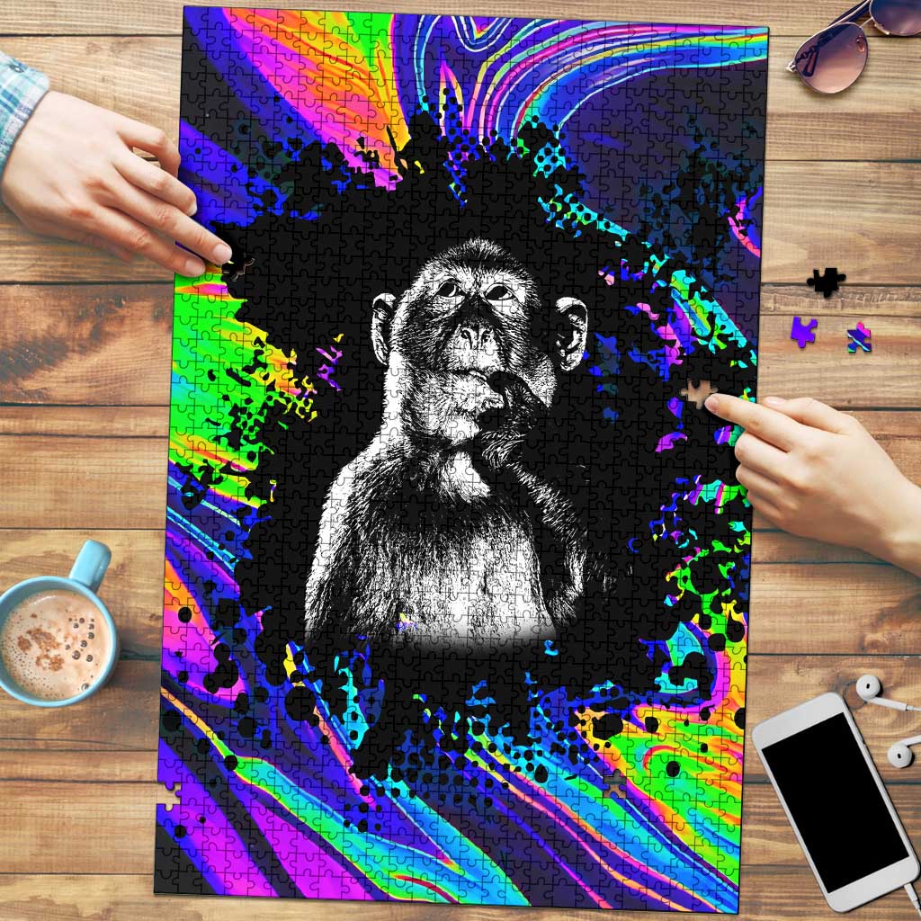 Funny Psychedelic Monkey Thinker Puzzle Trippy Curiosity Vibes