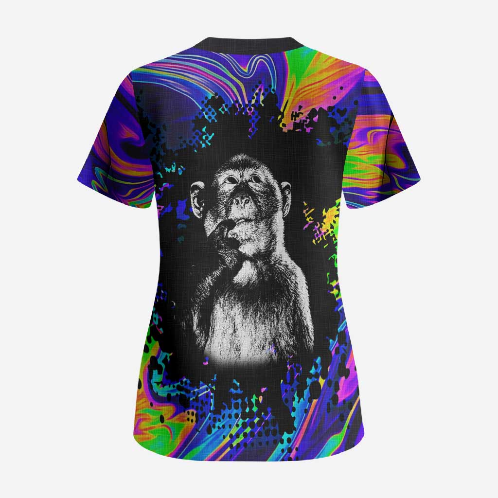 Funny Psychedelic Monkey Thinker Scrub Top Trippy Curiosity Vibes