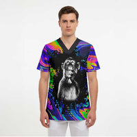Funny Psychedelic Monkey Thinker Scrub Top Trippy Curiosity Vibes