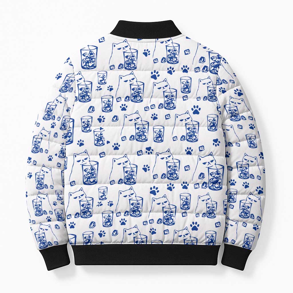 No Ice Please Cat Bomber Puffer Jacket Grumpy Cat with Drink Humor