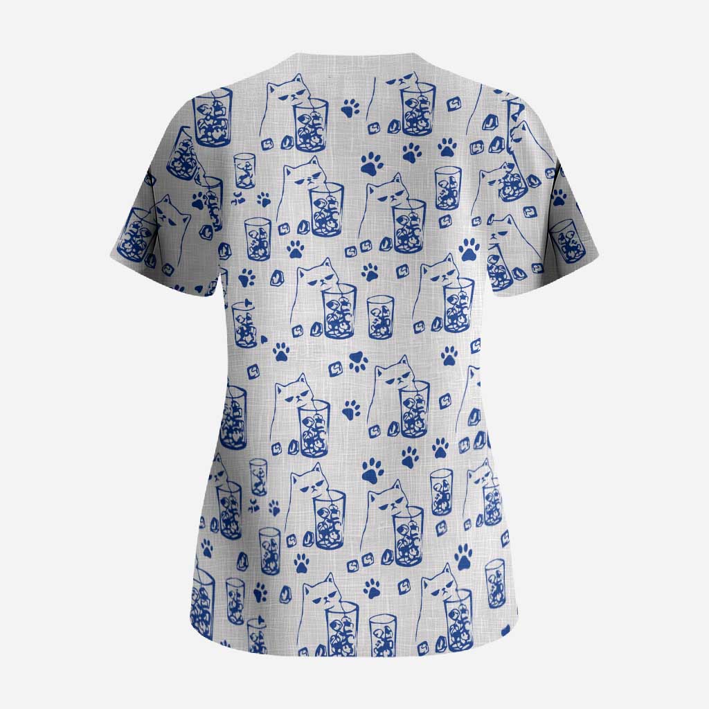 No Ice Please Cat Scrub Top Grumpy Cat with Drink Humor