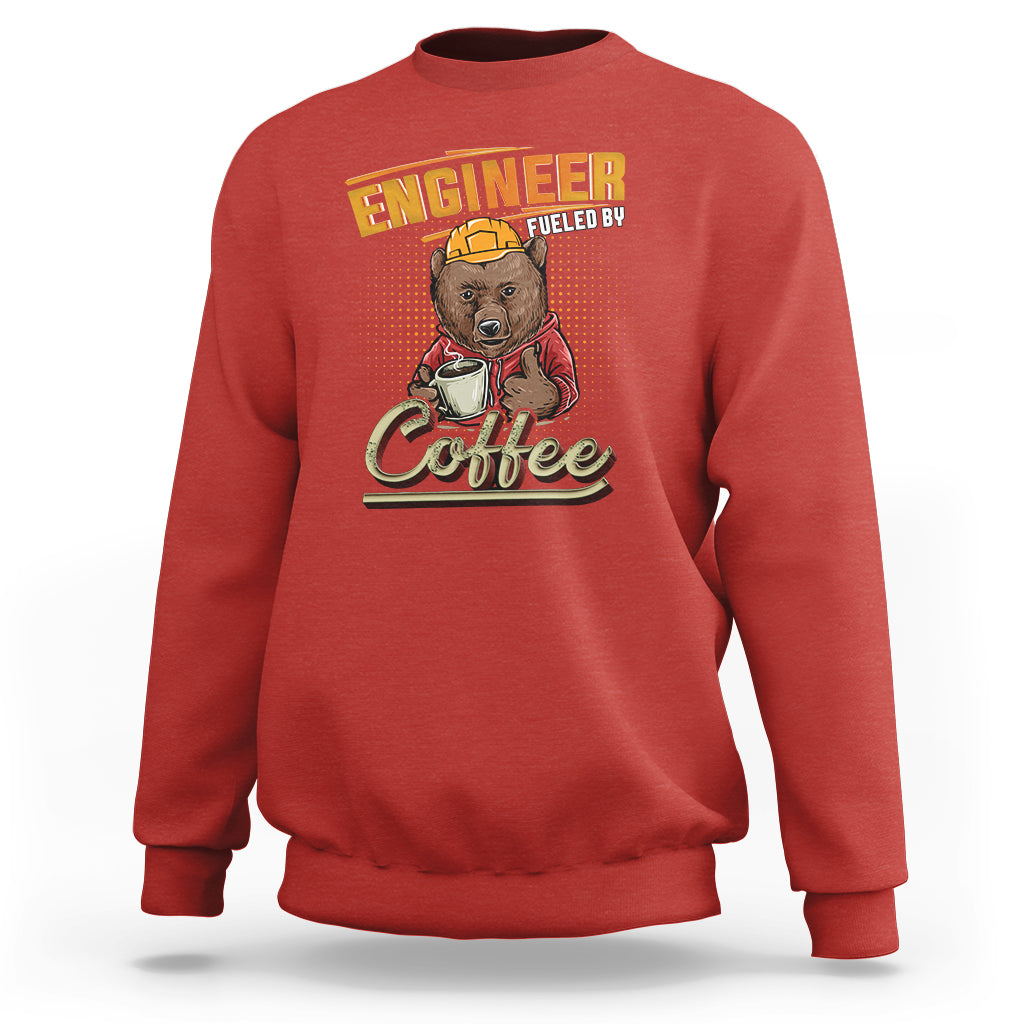 Red crewneck sweatshirt with engineer dog fueled by coffee back print