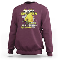 Maroon engineer sweatshirt with front graphic text and skull-style engineer illustration