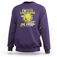 Purple engineer sweatshirt with front graphic text and skull-style engineer illustration