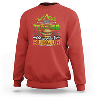 Red crewneck sweatshirt with Business Teacher burger graphic on the chest