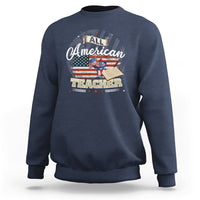 Navy crewneck sweatshirt with “All American Teacher” graphic on the front.