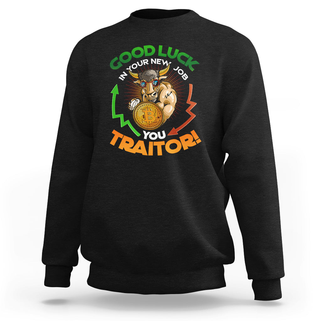 Black sweatshirt with colorful 'Good Luck' and 'You Traitor!' cat graphic on front