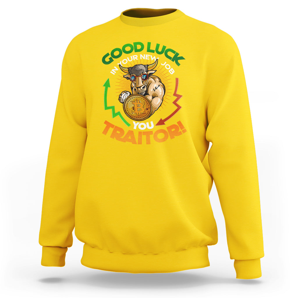 Daisy yellow sweatshirt with colorful 'Good Luck' and 'You Traitor!' cat graphic on front