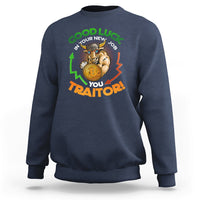 Navy sweatshirt with colorful 'Good Luck' and 'You Traitor!' cat graphic on front
