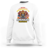 White sweatshirt with firefighter emblem graphic and bold slogan text on the chest.