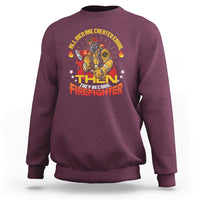 Maroon firefighter sweatshirt with colorful 'THEN' graphic and fire-emblem print on chest.
