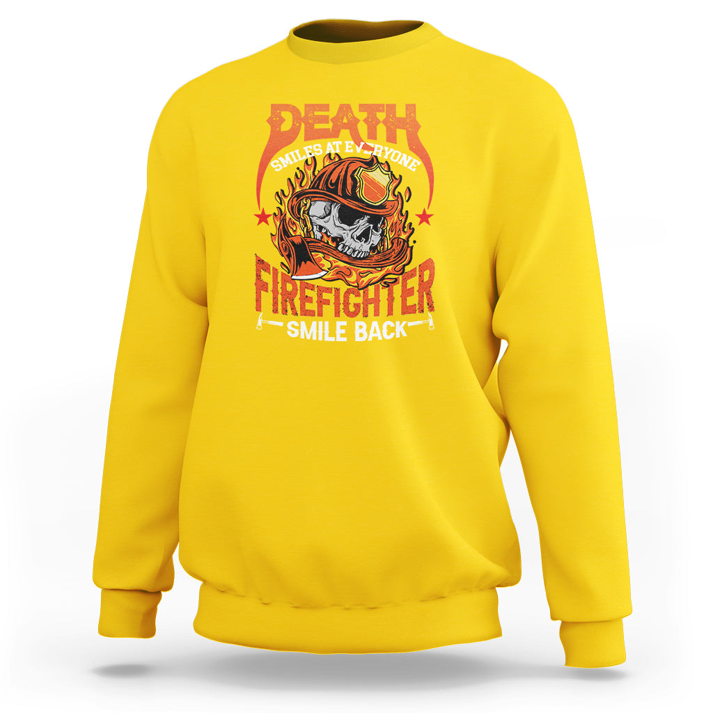 Daisy yellow crewneck sweatshirt with colorful Death Firefighter graphic on front