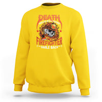 Daisy yellow crewneck sweatshirt with colorful Death Firefighter graphic on front
