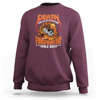 Maroon crewneck sweatshirt with colorful Death Firefighter graphic on front