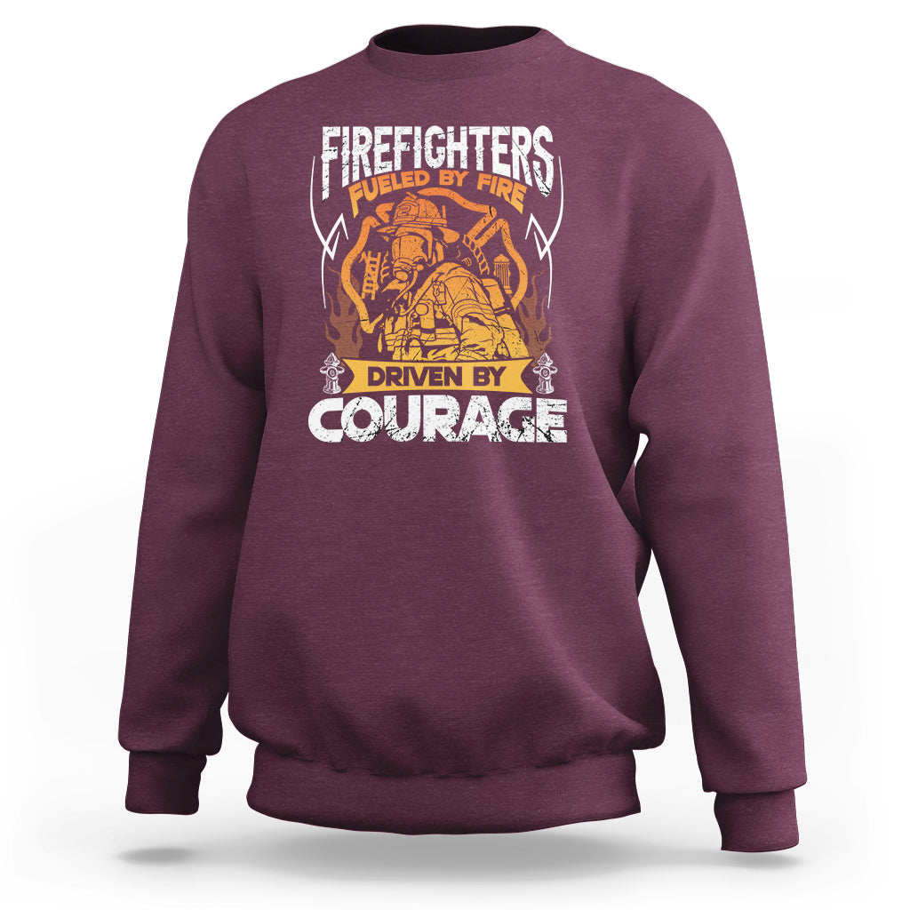 Firefighter sweatshirt in maroon with front print: Fueled by Fire, Driven by Courage