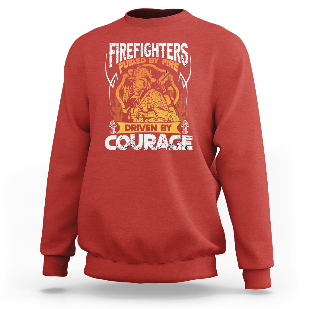 Firefighter sweatshirt in red with front print: Fueled by Fire, Driven by Courage