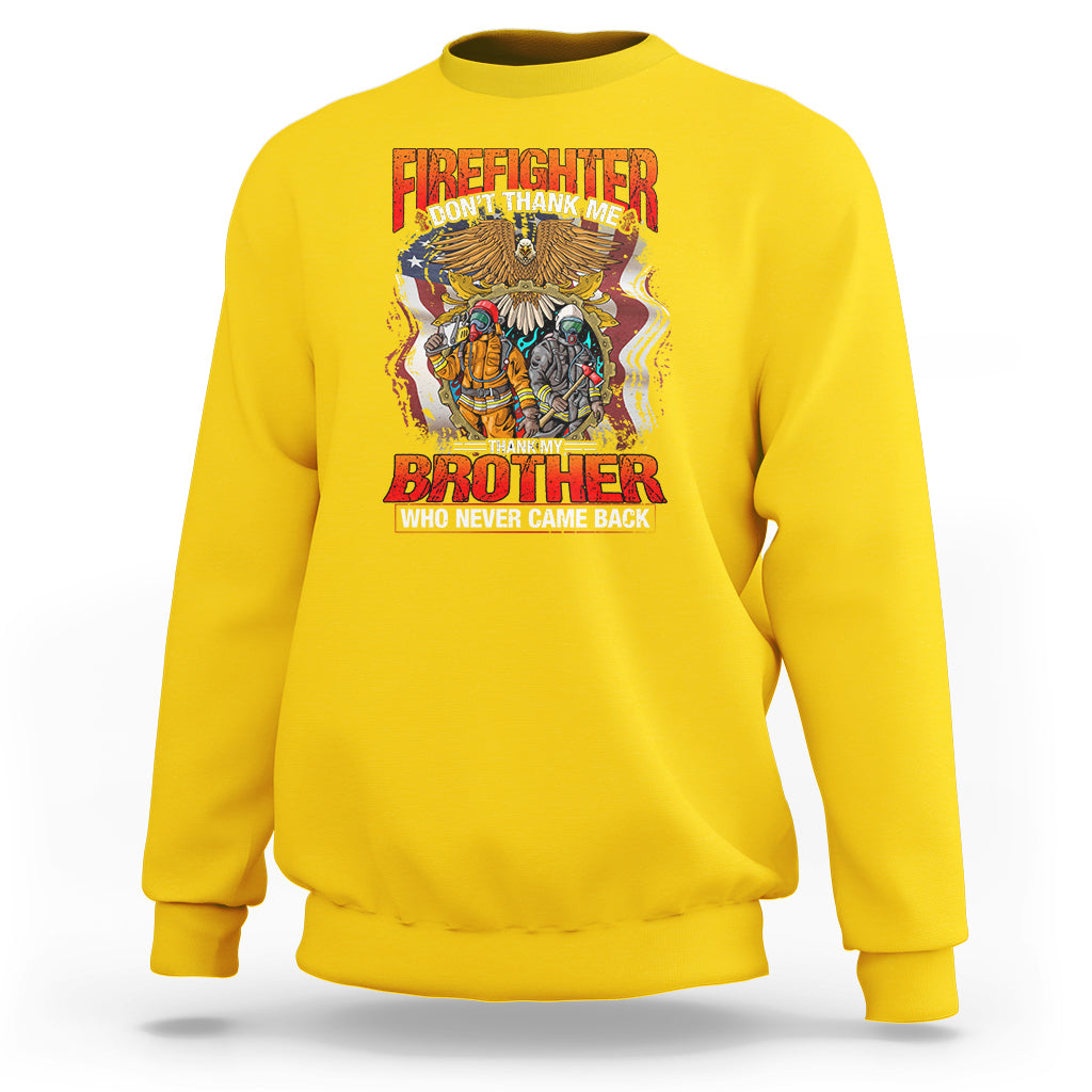 Daisy yellow crewneck firefighter sweatshirt with colorful “Brother” back graphic