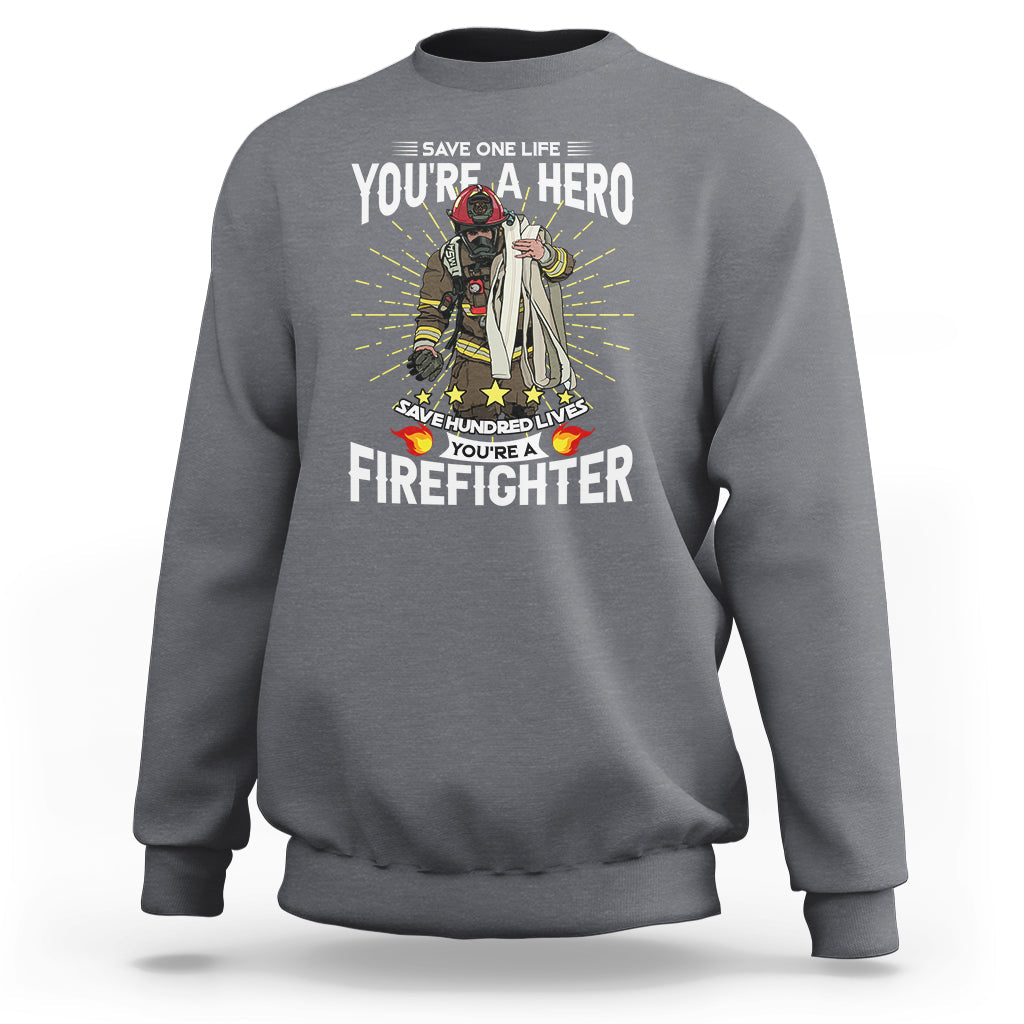 Charcoal firefighter sweatshirt with 'You're a Hero' front graphic